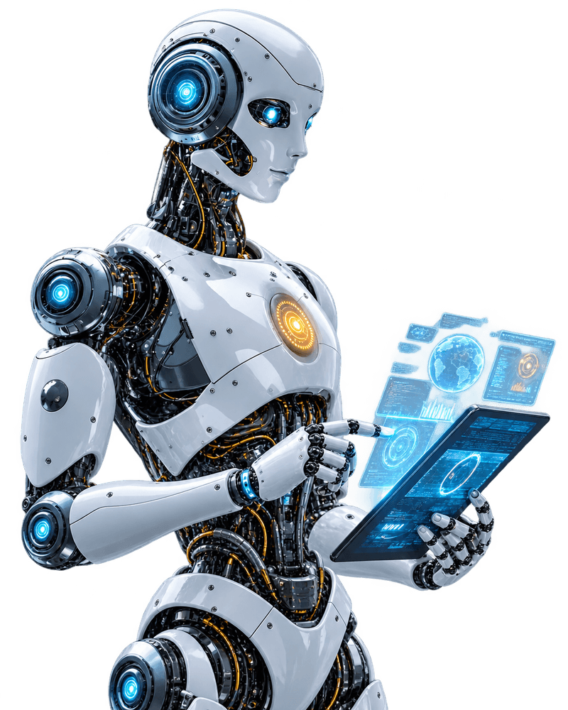 A humanoid robot reading data from a tablet